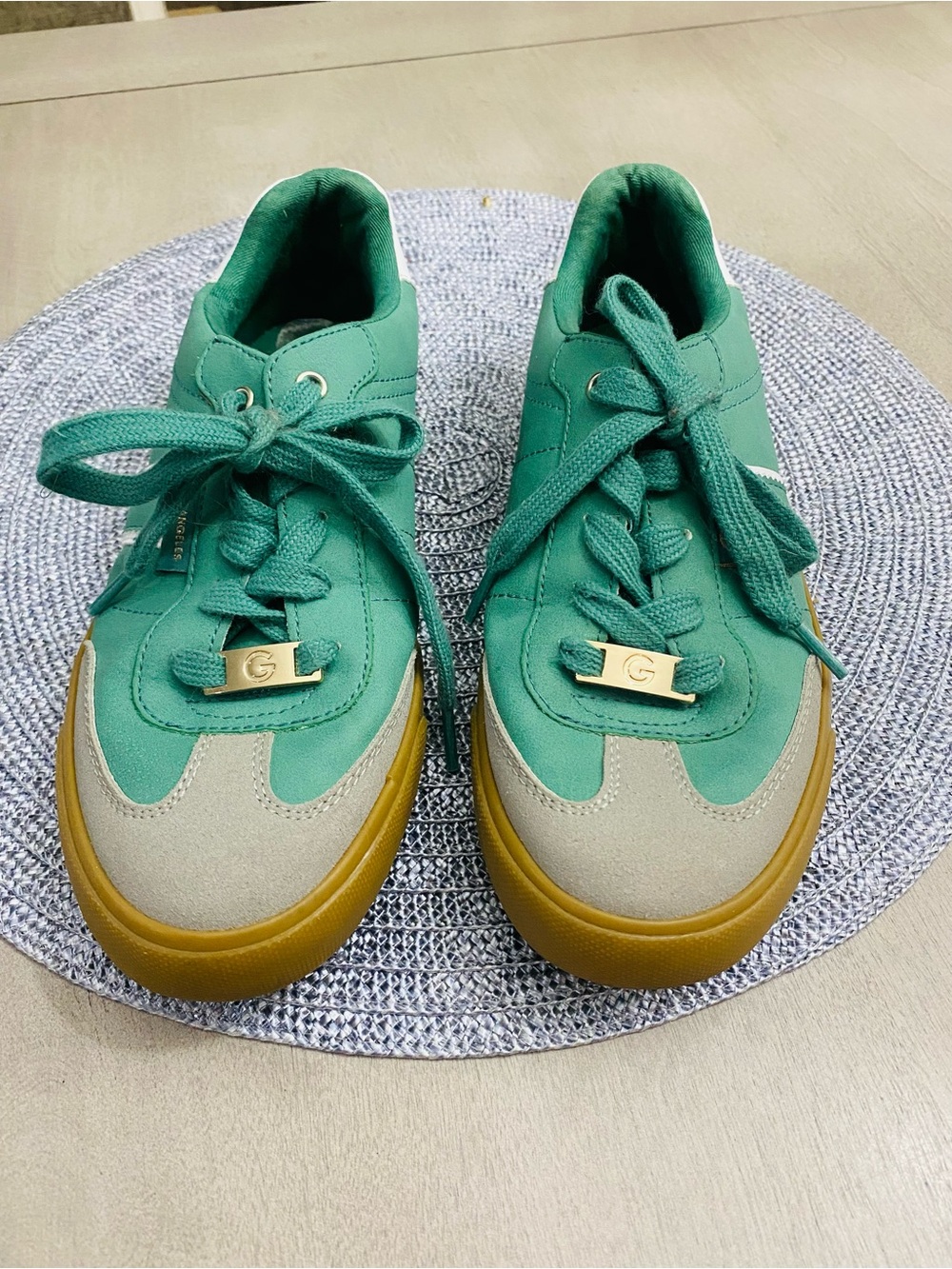 Womens Los Angeles Green Canvas Sneakers with Gold Accent